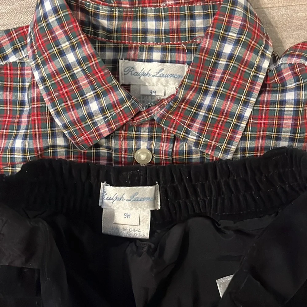Ralph Lauren Baby Formal Plaid Dress Shirt & Velvet Tuxedo Pant Set